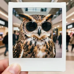 super awesome head to shoulder portrait color polaroid film photograph of an owl in a mall wearing aviator shades. super resolution. surreal. extremely detailed. polaroid 6 0 0 film. by annie leibovitz and richard avedon