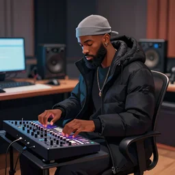 a digital illustration of a young black urban male with a full beard, wearing a gray du rag and a black winter puffer down coat, playing an mpc while sitting in a chair in a music studio, epic composition, chromatic aberration, cinematic lighting, by endar studio and cutiicosmo and liquidcoco 李 奎 德, award - winning, masterpiece,