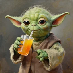 beautiful oil painting of Yoda drinking a juice popper
