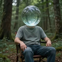 Man, head like a glass ball, sitting on chair, in forest, hyperrealistic, high rendering, trending on ArtStation, CGSociety, 8k,
