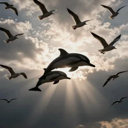 flock of thousands of seagulls flying. the silhouette of the seagulls look like a dolphin