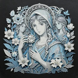 breathtaking detailed concept art painting of the goddesses of nemophila flowers, orthodox saint, with anxious, piercing eyes, ornate background, amalgamation of leaves and flowers, by Hsiao-Ron Cheng, James jean, Miho Hirano, Hayao Miyazaki, extremely moody lighting, Black paper, cut paper texture, Full of light-blue and silver and white layers, 8K