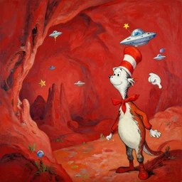 Red Flute Cave landscape in the style of Dr. Seuss, starships, painting by Raphael Lacoste