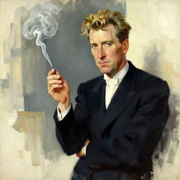 david lynch smoking, painting by jc leyendecker!!, angular, brush strokes, painterly, vintage, crisp