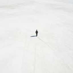 solitary figure casting parallel shadows on a dusty white plane