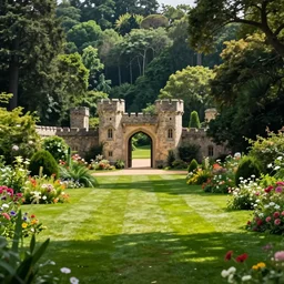 the grounds are lush and green, with flowers and trees dotting the lawns. a path leads from the castle gates, through the grounds and into the jungle beyond