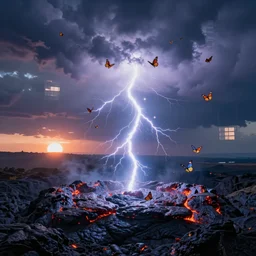 the better angels of our nature, butterflies flying, lava pit, hdr, holy lightning, cold glow, sunrays clouds windows, sunrise, zack snyder cinematogr