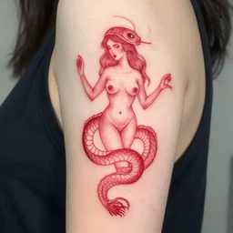 red ink tattoo of a beautiful feminine ouroboros
