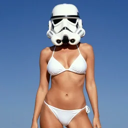 female supermodel with stormtrooper helmet and white bikini, style of 8 0 s movie poster