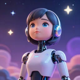 a beautiful calm robot girl looking up to the stars, photograph, colorful background, render, 3 d, render, glows, neon, 8 k, 4 d,