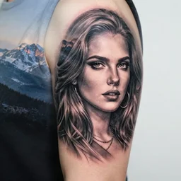 creative double exposure effect tattoo design sketch of isabelledeltore faded with beautiful mountain scenery, realism tattoo, in the style of matteo pasqualin, amazing detail, sharp