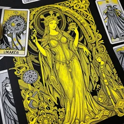 detailed hera goddess of marriage and women and family + by hokusai and james gurney + black paper with intricate and vibrant yellow line work + tarot card + mandelbulb fractal + full of silver layers + portrait + trending on artstation + incredible yellow and black gothic illustration + exquisite detail