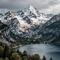 mountains, trees, and lake, by michelangelo