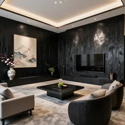 lounge room, stone, interior design, stylish luxury lounge room design, yakisugi, black vertical slatted timber, large tv, textures, feminine, black walls, art, japanese pottery vase with flowers, ikebana, kakejiku, exquisite lighting design, seasonal, japanese influences