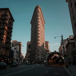 cross of flatiron building and gotthard tunnel, wide establishing shot, dark teal lighting, soft dramatic lighting, sharp focus, 4 k digital camera