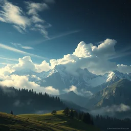 a beautiful digital artwork of a swiss landscape with subtle asperitas clouds coming out of heaven, fog, dark, volumetric lighting, tall mountains in the background, starry night, very detailed, cirrus, green accents, gold accents, washed out colors, ultrarealistic, master level composition, exhibit at the louvre museum