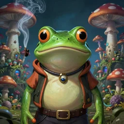 A centered waist up portrait of a scary psychedelic godlike anthropomorphic frog smoking tobacco , magic mushroom village in background . award winning. superb resolution. in the art style of junji Ito and greg rutkowski . Detailed Mushroom city in background. Hyper realistic anime. Perfect art. Dalle2