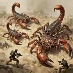 detailed concept art of marines attacking giant scorpions