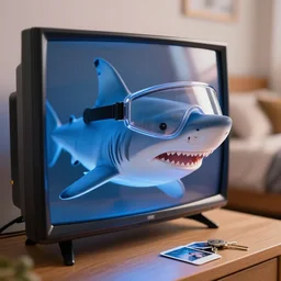 curved transparent 3 dtv shark popping out of tv, volumetric lighting, bedroom, visor, users, pair of keycards on table, bokeh, creterion collection, shot on 7 0 mm, instax