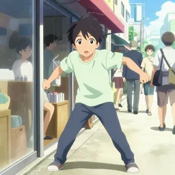 anime visual of a young man waiting outside a store on a busy sidewalk a few people, cute face by ilya kuvshinov, makoto shinkai, kyoani, masakazu katsura, gelbooru, danbooru, dynamic pose, crisp and sharp, yoshinari yoh, rounded eyes, anime poster, cel shaded