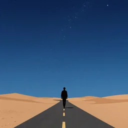 silhouette of a person walking on a desert road under a beautiful starry sky, minimalist, Van Gogh style, wide shot, aesthetic, concept art, art station