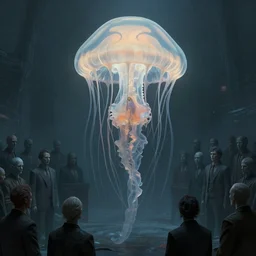 large monolith jellyfish giving a speech to dozen of mysterious people in suits, soft illumination, intricate detail, highly detailed, semi - translucent, dismal, forlorn, atmospheric, hades, rendered in octane, slav epic