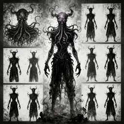various character sheets with character designs for a tall character with a vampire squid for a head made from dark wispy smoke made as an enemy in the silent hill video game franchise