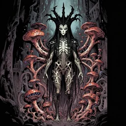 artgerm, joshua middleton heavy metal comic cover art, psychedelic triangular skeletal calcification fungus lich, full body, hollow eyes, symmetrical face, long black crown, in a dungeon background, moody dark colors