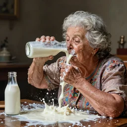 grandma smashing her face into billy while drinking tons of milk and spilling it all over the floor, messy, wet