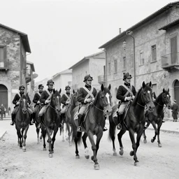 a dozen ww 1 cavalrymen marching through italian - style city, 1 9 0 5, black and white photography