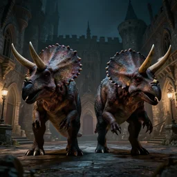 super realistic render of two menacing zombie triceratops on a medieval palace courtyard at night, scary, powerful extremely detailed, high quality, epic, dnd, artstation