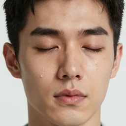 portrait of a man eyes closed with visible tear drops coming from his eyes, hyper detailed, realistic