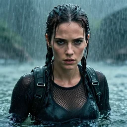 cinestill 5 0 d candid action photographic portrait by quentin tarantino of lara croft wearing rugged black mesh techwear in treacherous waters, extreme closeup, modern cyberpunk retrofuturism moody emotional cinematic, pouring iridescent rain, 8 k, hd, high resolution, 3 5 mm, f / 3 2, motion blur, ultra realistic faces, ex machina 8 k