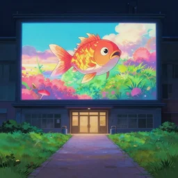 entrance to a building with a path on the lawn, a giant screen, at night, artstation, concept art, vibrant colors, fish lens, studio ghibli