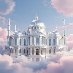 beautiful digital illustration of a shining silver Byzantine palace in the sky, fluffy pastel clouds, architecture, concept art, deviantArt, artsation, artstation HQ, HD, 16k resolution, octane, finalRender, Unreal Engine