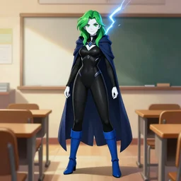 full body portrait of a female wizard in a classroom, skintight black bodysuit, blue tight boots, black pants, dark blue cape, only two arms, green hair, attractive, green eyes, white face, cute smile, lightning, very detailed face, highly detailed, dnd, high fantasy, digital illustration, by rossdraws
