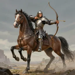 a majestic mythical centaur drawing its bow, dressed in full body armor, half man half horse, 8 k, hd
