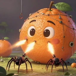 memorable animation key shot, spider tanks firing at colossal citrus golem covered in fishing wire, hooks and barnacles, by mandy jurgens, by satoshi kon, ilya repin, lena aenami, shinji kimura, daylight pastel color palette