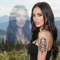 double exposure effect of megan fox and beautiful mountain scenery, tattoo sketch, in the style of brandon kidwell