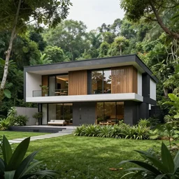 modern house, surrounded by a lush jungle, hyper realistic, photo real,