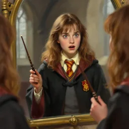 painting of a surprised woman dressed like harry potter, looking in mirror, holding wand, hogwarts interior in the background, digital painting, artstation