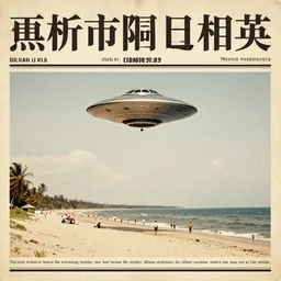 ufo above a beach, old photo, newspaper photo, front page news