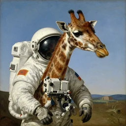 painting of a  giraffe as an astronaut wearing a helmet  by George Stubbs, renaissance painting, oil painting, old master
