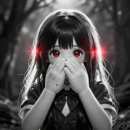 cute fumo plush of a girl who is covering up a murder she committed, suspect, red lighting lens flare, black and white, horror film, vray
