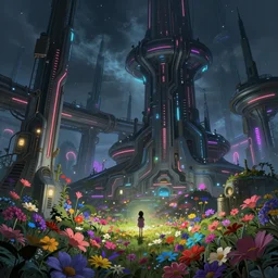 beautiful low angle painting of an alien world with sleek architecture, steampunk, ground made of multicolour flowers, neon lights, a tiny girl watching on, in the style of junji ito, elegant, highly detailed, digital painting, artstation, cinematic lighting, glowing light and shadows, trending on artstation, octane render
