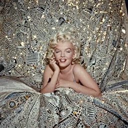 Beautiful Head and shoulders portrait of smiling flirty seductive Marilyn monroe with platinum blonde hair, wearing a camisole by arney freytag, artstation, 35mm, fashion photoshoot, laying on a bed in a photo studio, golden hour, bokeh, rim lighting, fashion pose, octane, 4k