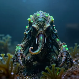 cthulhu monster closeup, portrait, under water, glowing algae, sigma lens, strong bokeh, photography, highly detailed, 8 5 mm, f / 1. 3, foggy, dramatic lighting, 4 k