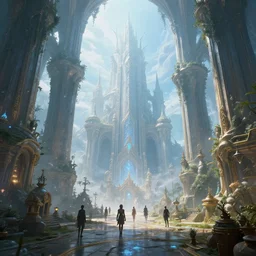 inside an etheral aether elven city with people walking around, highly detailed, 4k, HDR, award-winning, octane render, trending on artstation, volumetric lighting