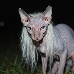 nighttime photo of a pale long limed hairless creature lurking, looking at camera
