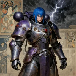composition of gothic and futuristic young mainem, warhammer, cyber japan armor, more and more scars, thunderstorm, blue head, some purple, the middle ages, highly detailed, artstation, in the style of moebius, jugendstil and classic japanese print, art by james gurney and rene magritte